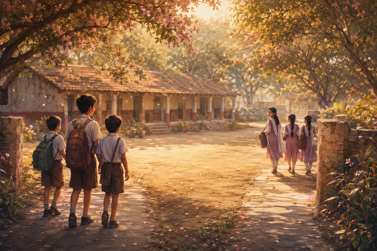 Dreamlike illustration of a boy noticing a girl during a school morning