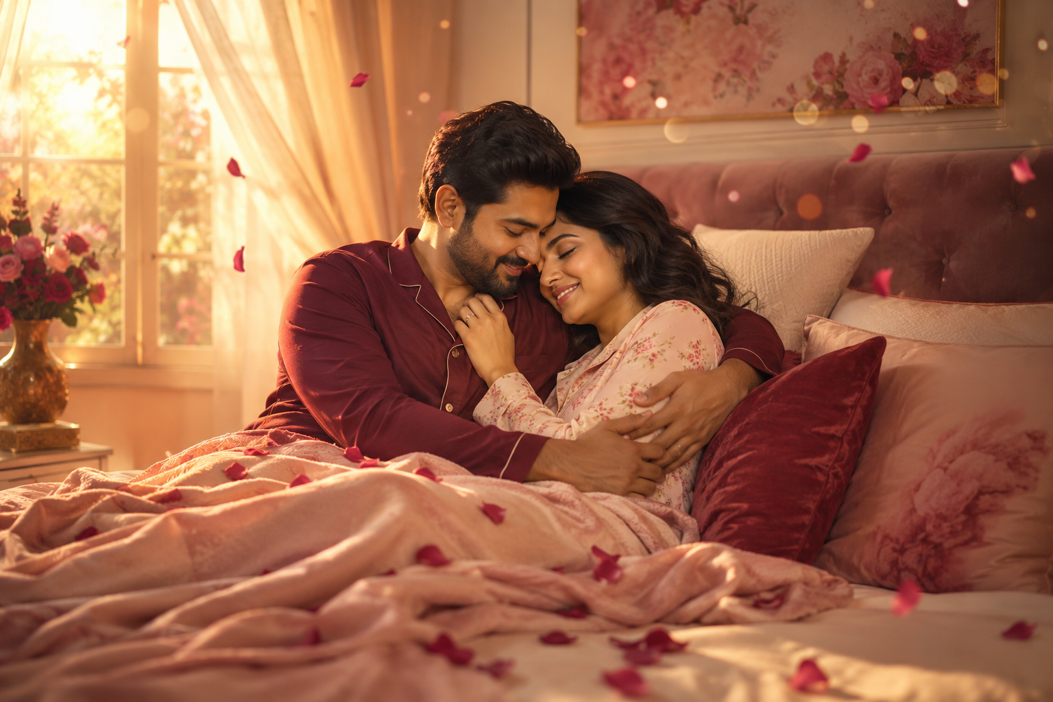 Dreamlike illustration of a loving adult couple cuddling safely on a cozy bed