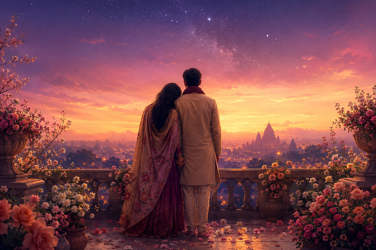 Dreamlike illustration of a couple holding hands beneath a winter twilight