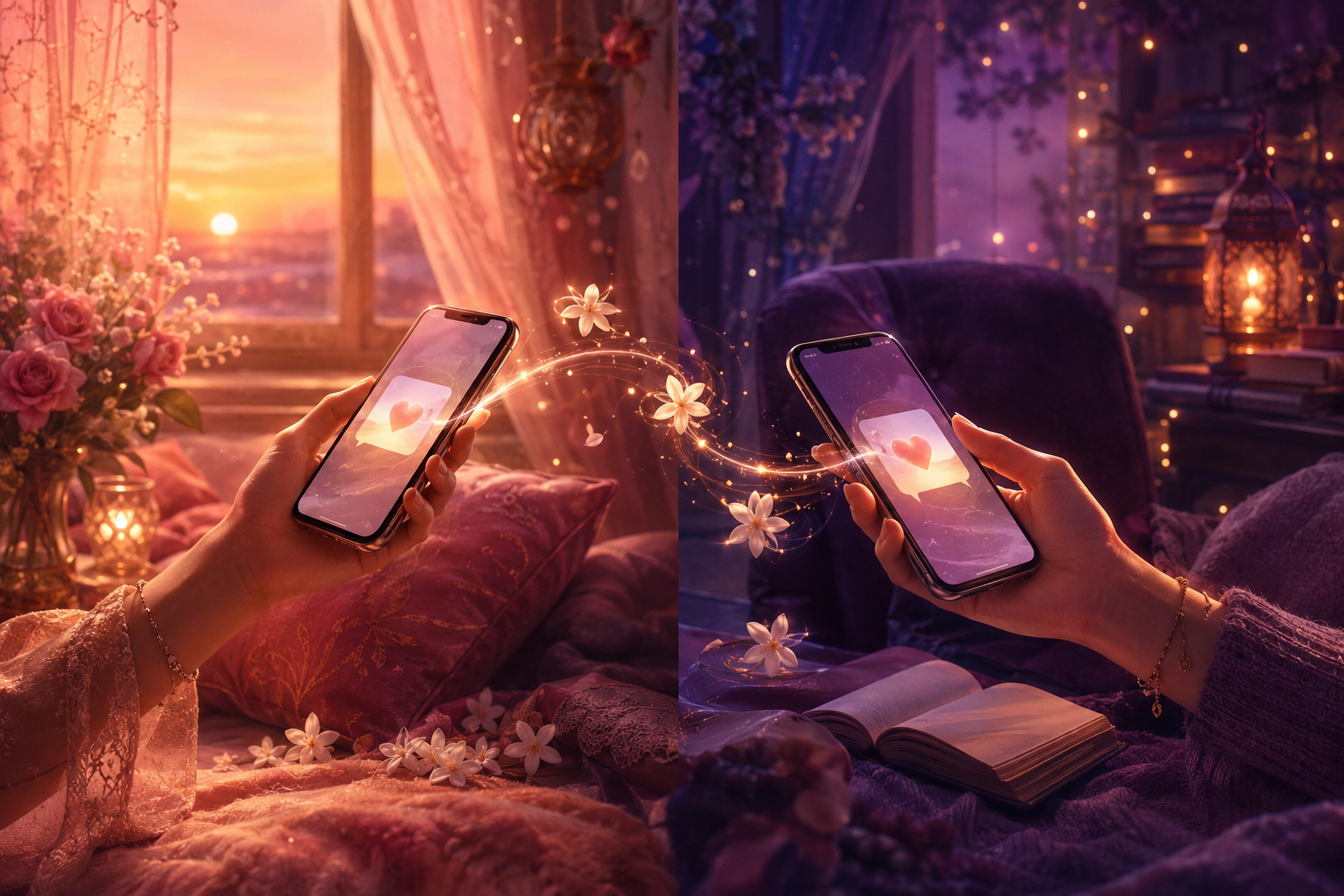 Magical illustration of two hearts connecting through their first message