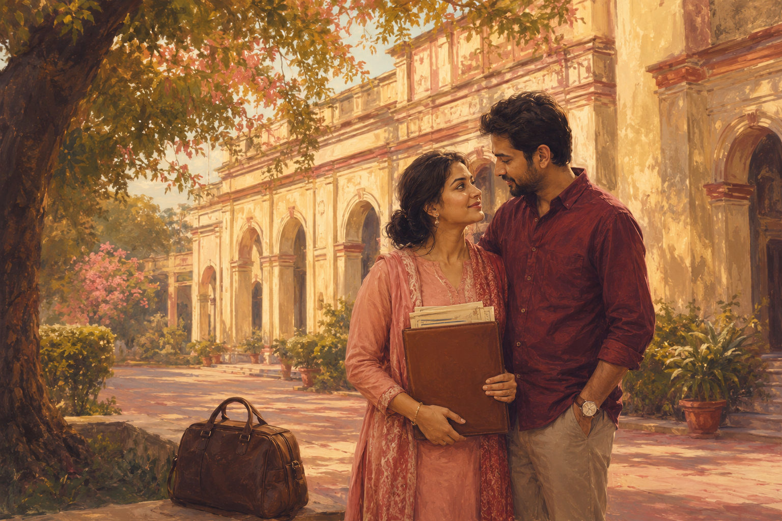 Dreamlike illustration of a loving couple during their Muzaffarpur certificate visit