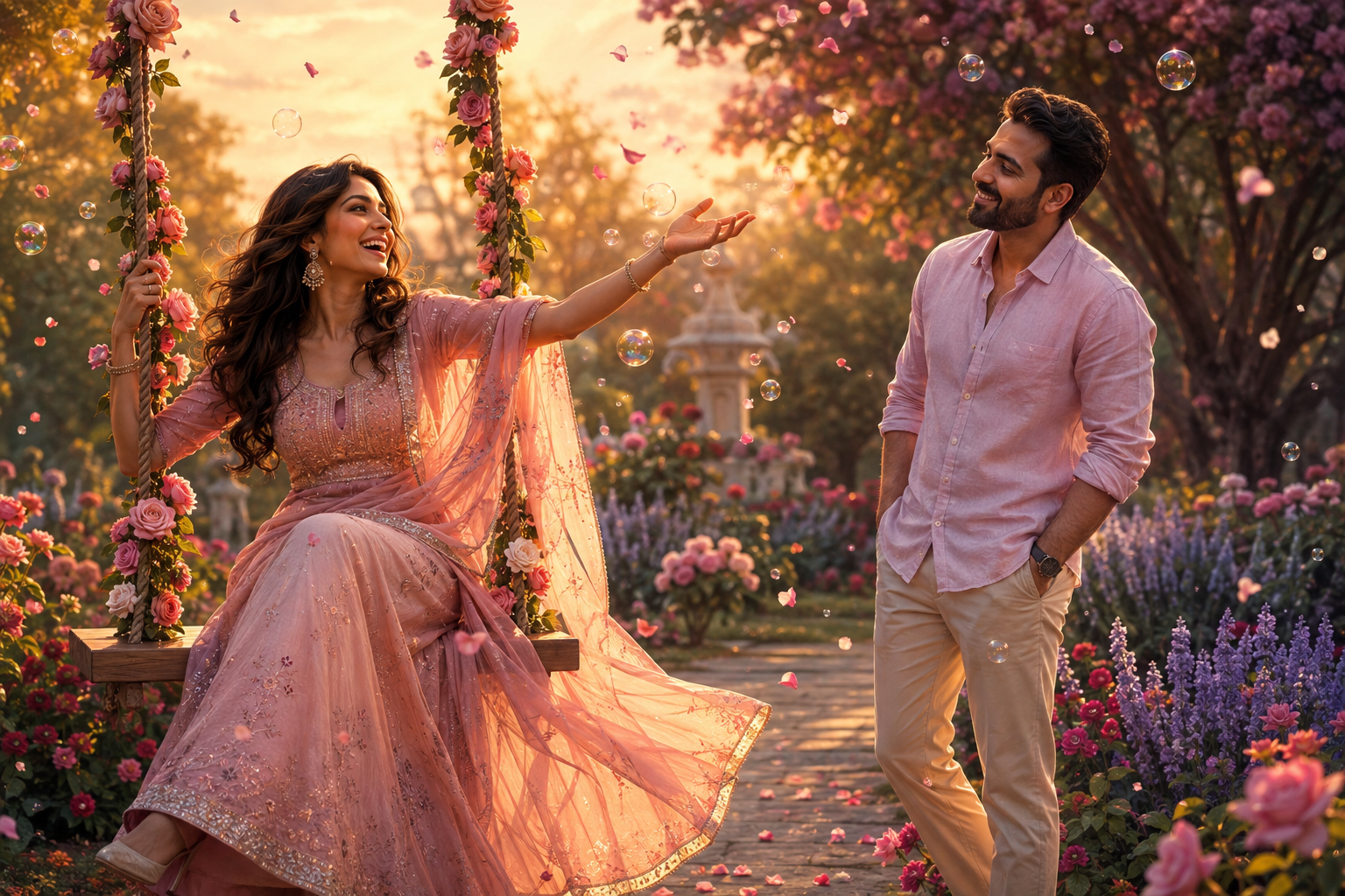 Dreamlike illustration of a playful adult couple in a flower filled park
