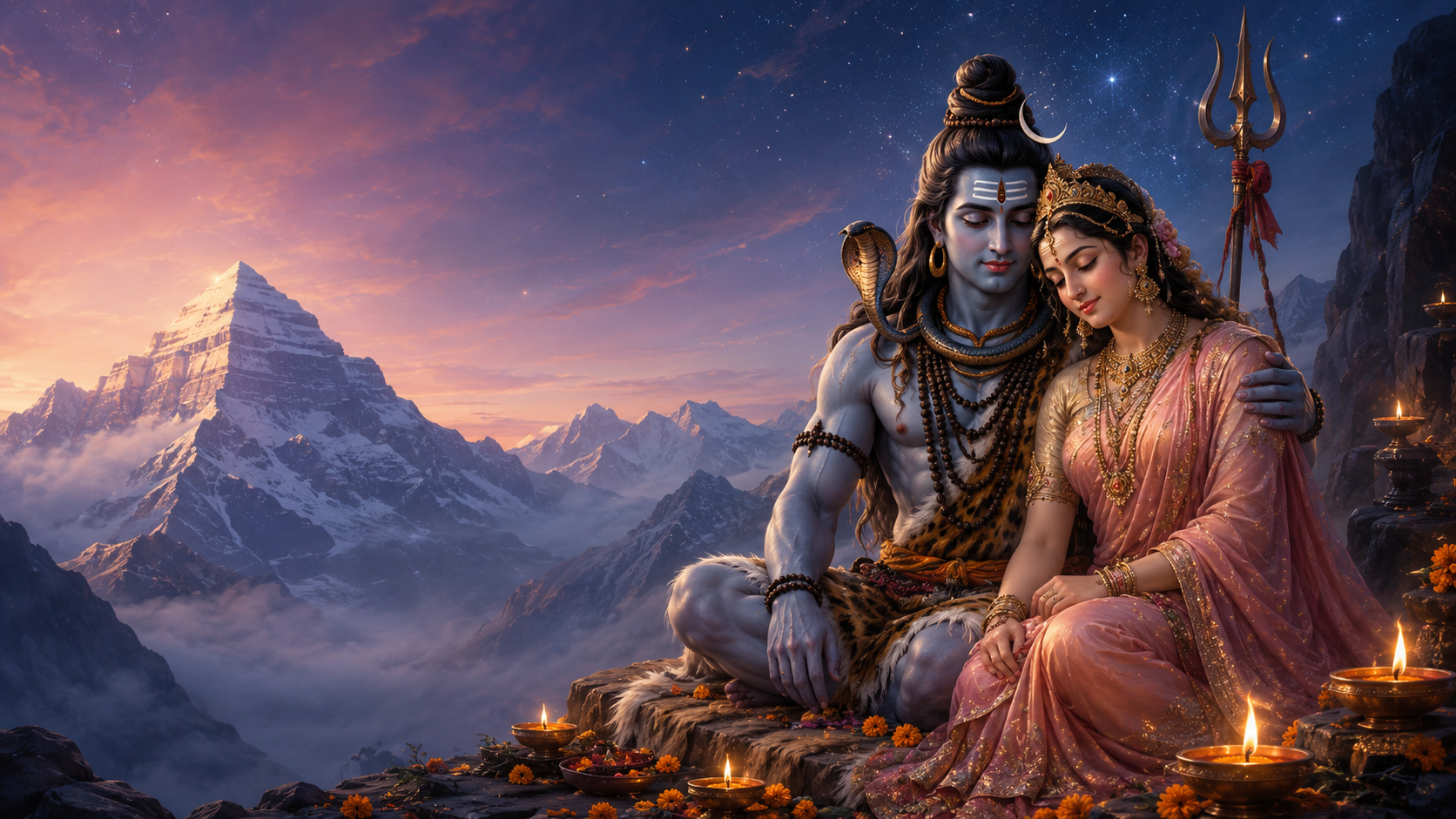 Devotional artwork of Lord Shiva and Maa Parvati together at Kailash